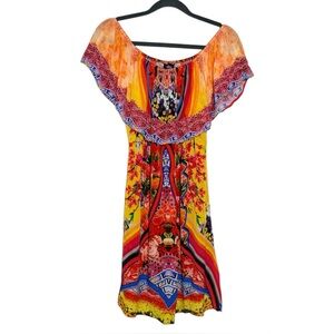 Shahida Parides Orange Yellow Red Vibrant Off Shoulder Resort Mini Dress - S/M